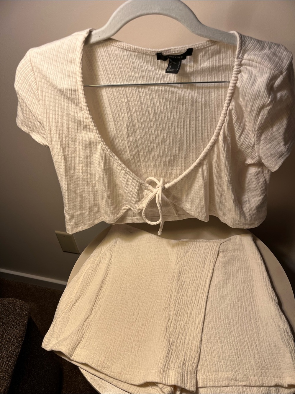 Forever 21 Women’s White Ribbed Tie-Front Crop Top and Matching Skort